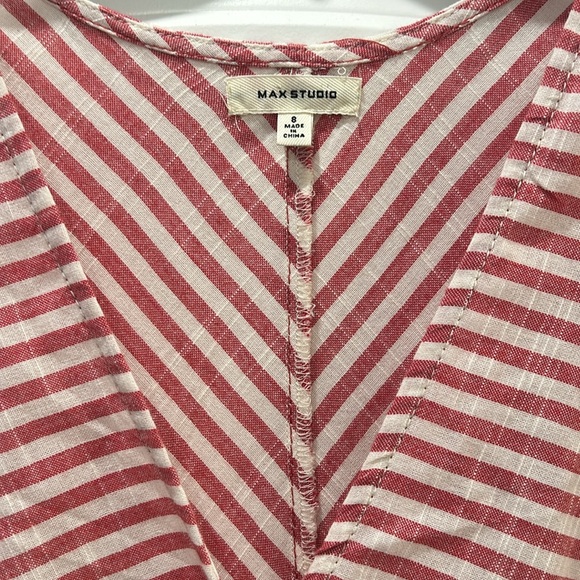 Soft red and cream striped dress. A line bodice. V neck. Size 8. Ankle length. - Picture 3 of 5